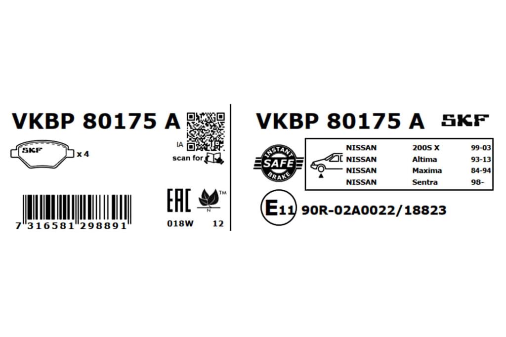 Jeu de 4 plaquettes de frein SKF ref. VKBP 80175 A